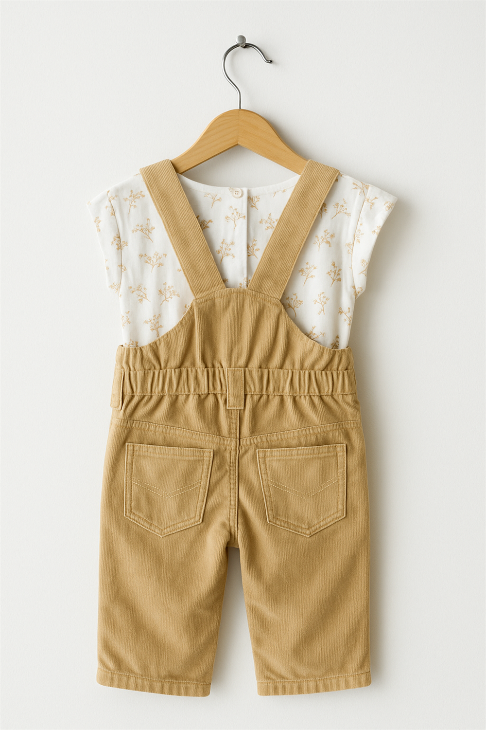 Back view of beige corduroy dungarees with cross-back straps, paired with a white short-sleeve cotton inner featuring a yellow floral print. The outfit is neatly hung on a wooden hanger against a plain white background.
