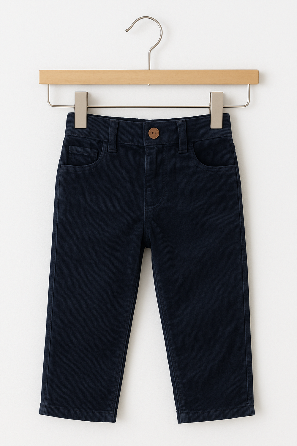 Navy blue corduroy boys' full-length pants hanging on a wooden hanger against a white background. The pants feature front scoop pockets, a small coin pocket, belt loops, and a brown button closure at the waistband. The corduroy fabric gives a soft textured look, ideal for casual or semi-formal wear.