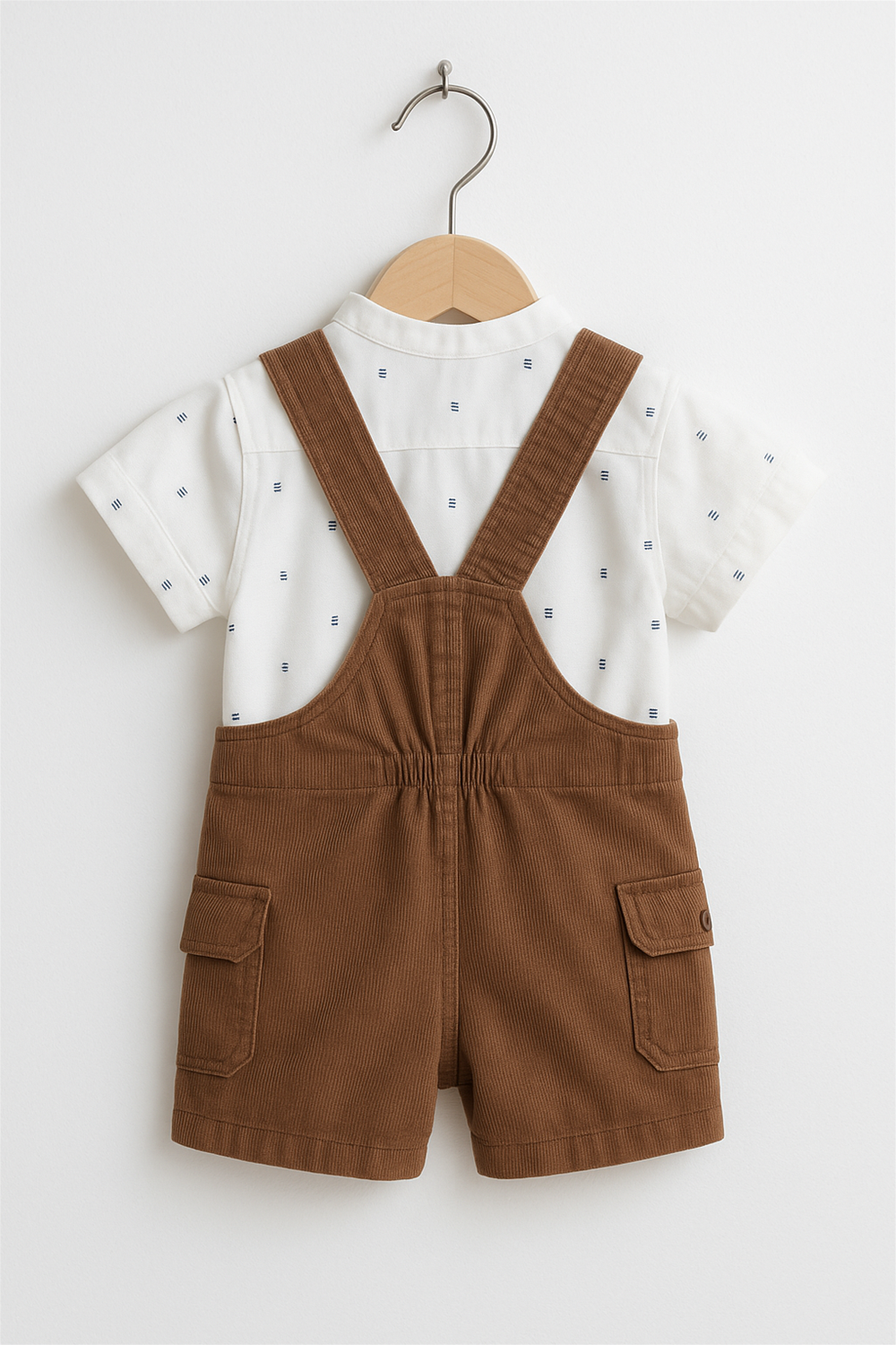 Baby boy's brown corduroy dungaree back side look. Paired with a light-colored shirt, perfect for a playful and stylish look.
