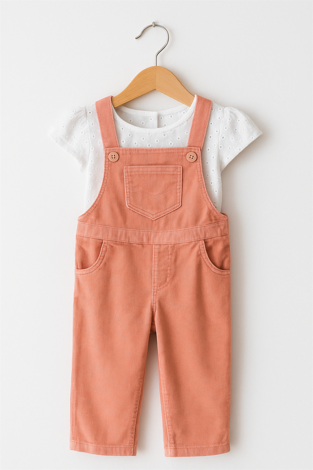 A peach corduroy dungaree with front pocket is layered over a white eyelet short-sleeve top, displayed on a wooden hanger. The outfit is set against a plain white background for a clean, minimal look.