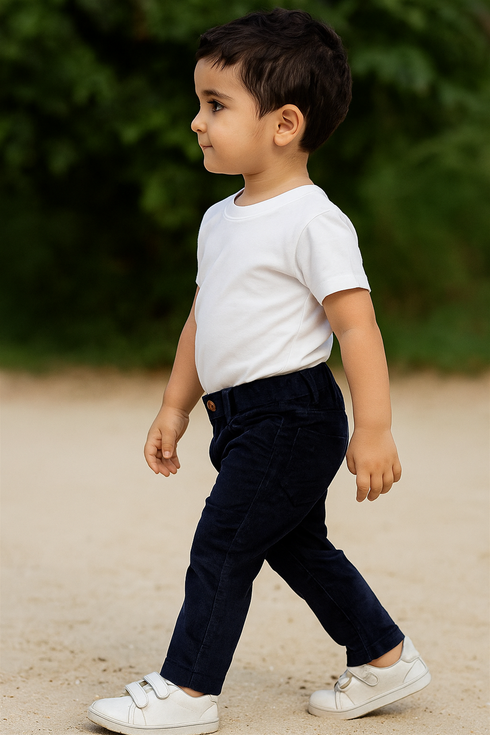 A cheerful young boy walking outdoors in a playground, wearing a white polo shirt tucked into navy blue corduroy pants and paired with dark brown slip-on shoes. The child is smiling brightly, with neatly combed hair, and the colorful playground equipment in the blurred background adds a playful ambiance to the scene.