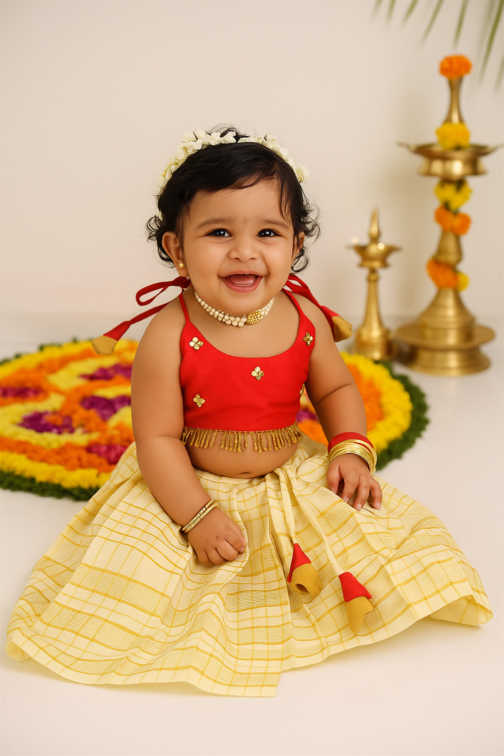 Smiling baby girl in red blouse and yellow skirt, adorned with jasmine and bangles, sitting near festive pookalam with lamps.