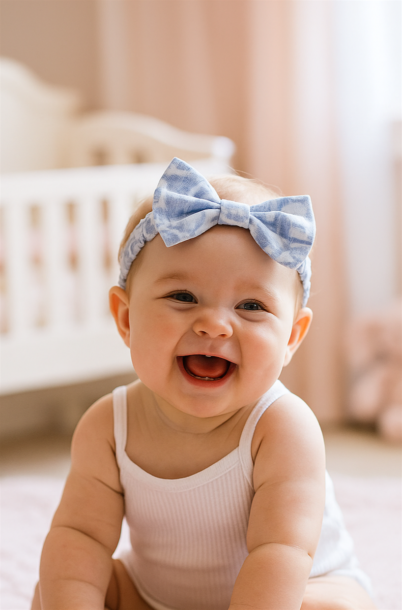 A cheerful baby wearing a white sleeveless romper and a light blue patterned bow headband sits smiling brightly. The baby’s joyful expression, with an open-mouth laugh, is complemented by the soft, warm nursery background.