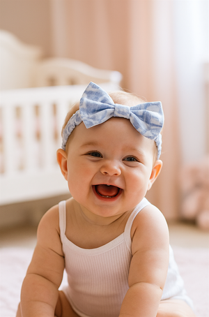 A cheerful baby wearing a white sleeveless romper and a light blue patterned bow headband sits smiling brightly. The baby’s joyful expression, with an open-mouth laugh, is complemented by the soft, warm nursery background.