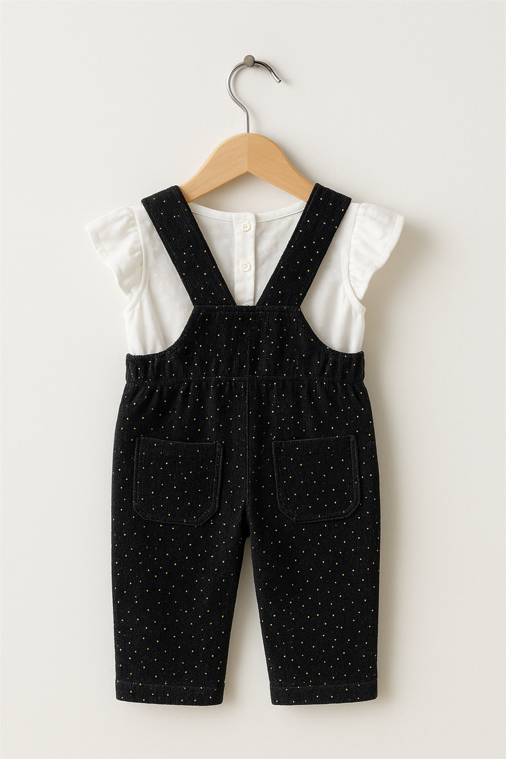 A black overall with small gold polka dots, paired with a white flutter-sleeve top, displayed on a wooden hanger against a plain background. The back view features crossed straps, an elastic waistband, and two square back pockets.