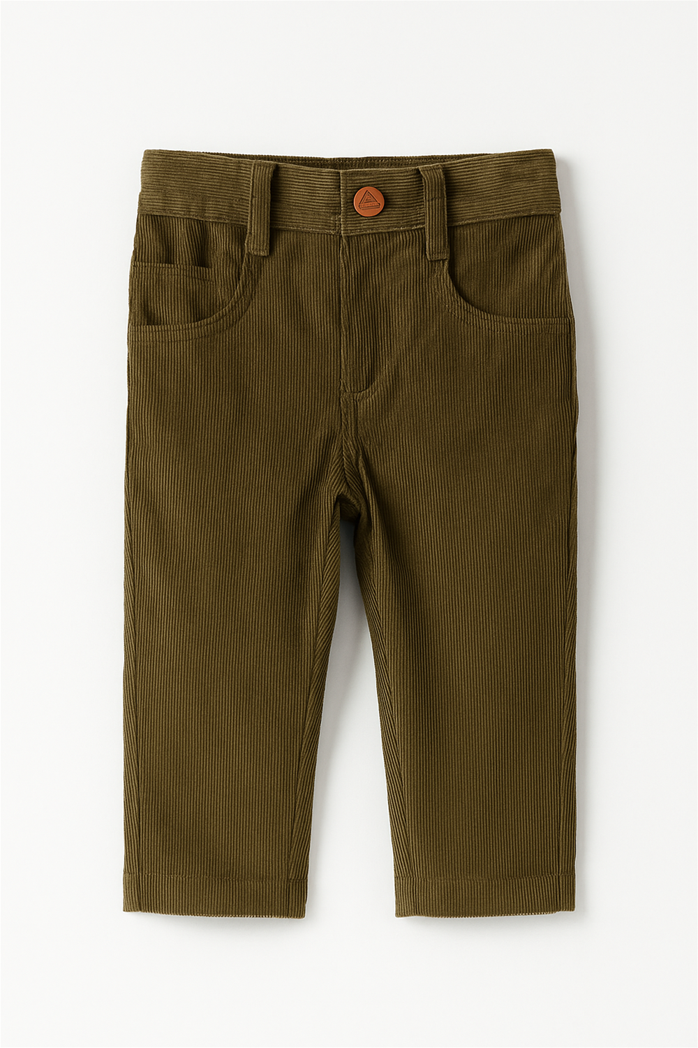 A pair of toddler boys’ corduroy pants in dark olive green, displayed flat against a white background. The pants feature a classic design with two front pockets, belt loops, a stitched fly, and a wooden-style button closure. The corduroy texture is visibly fine-ribbed, adding depth to the solid earthy tone.