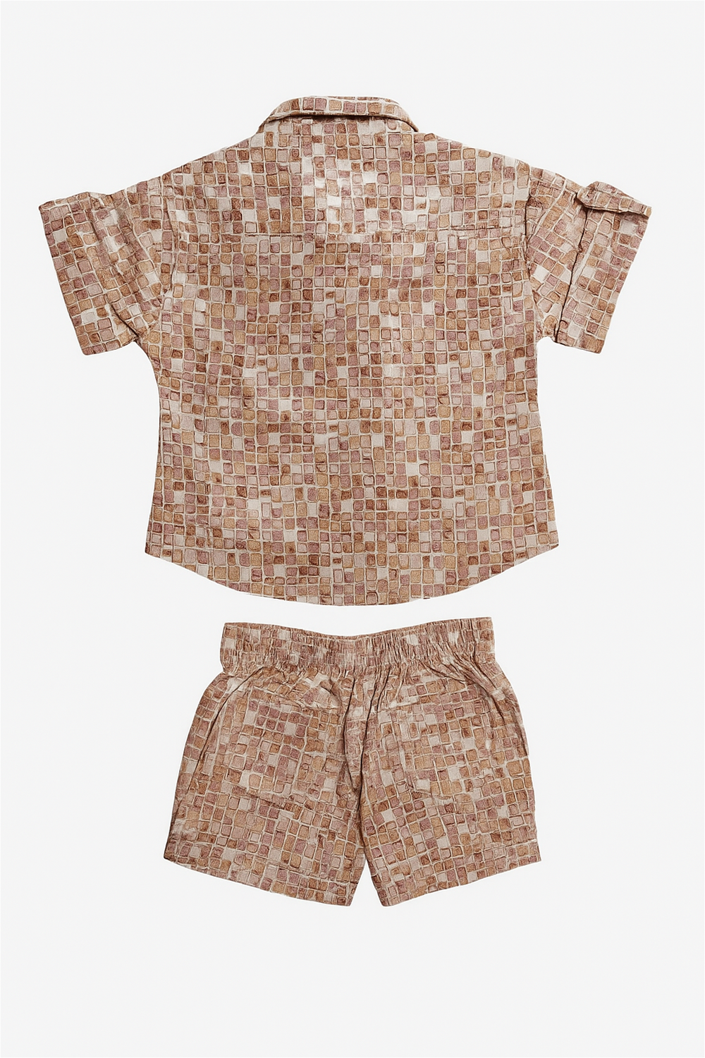 Back view of beige printed boys’ co-ord set, neatly displayed on flat lay, highlighting shirt and matching shorts design.