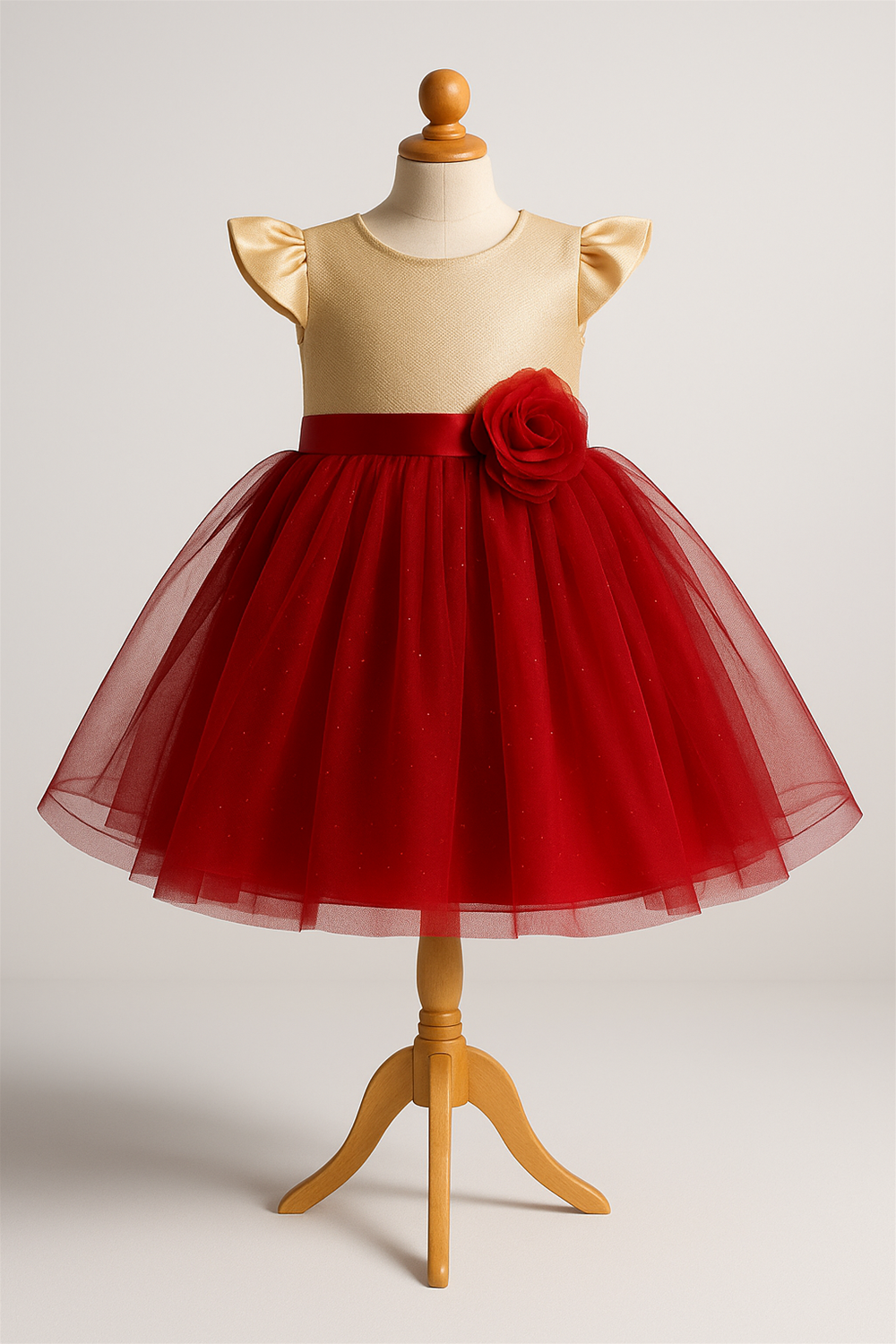 A beautiful golden and red baby frock displayed on a wooden mannequin, featuring flutter sleeves and a tulle skirt with floral accent.