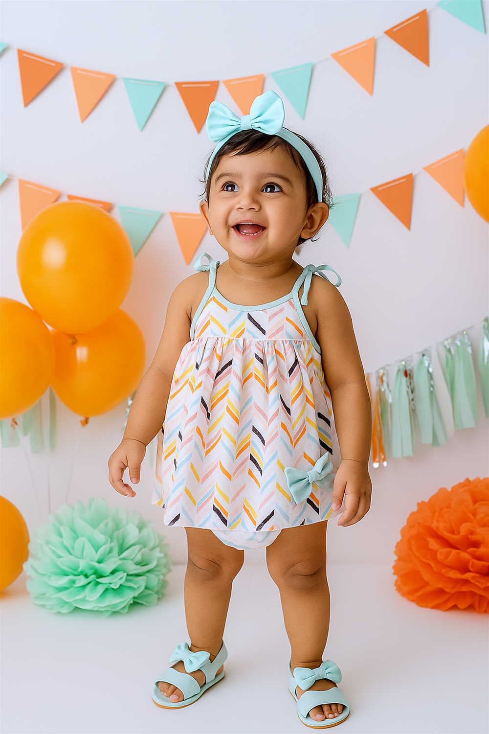 A joyful baby girl sits on a white blanket outdoors, dressed in a pastel chevron-print dress with a matching light blue bow and shoes. Behind her, colorful balloons and orange-blue bunting enhance the festive garden party atmosphere.
