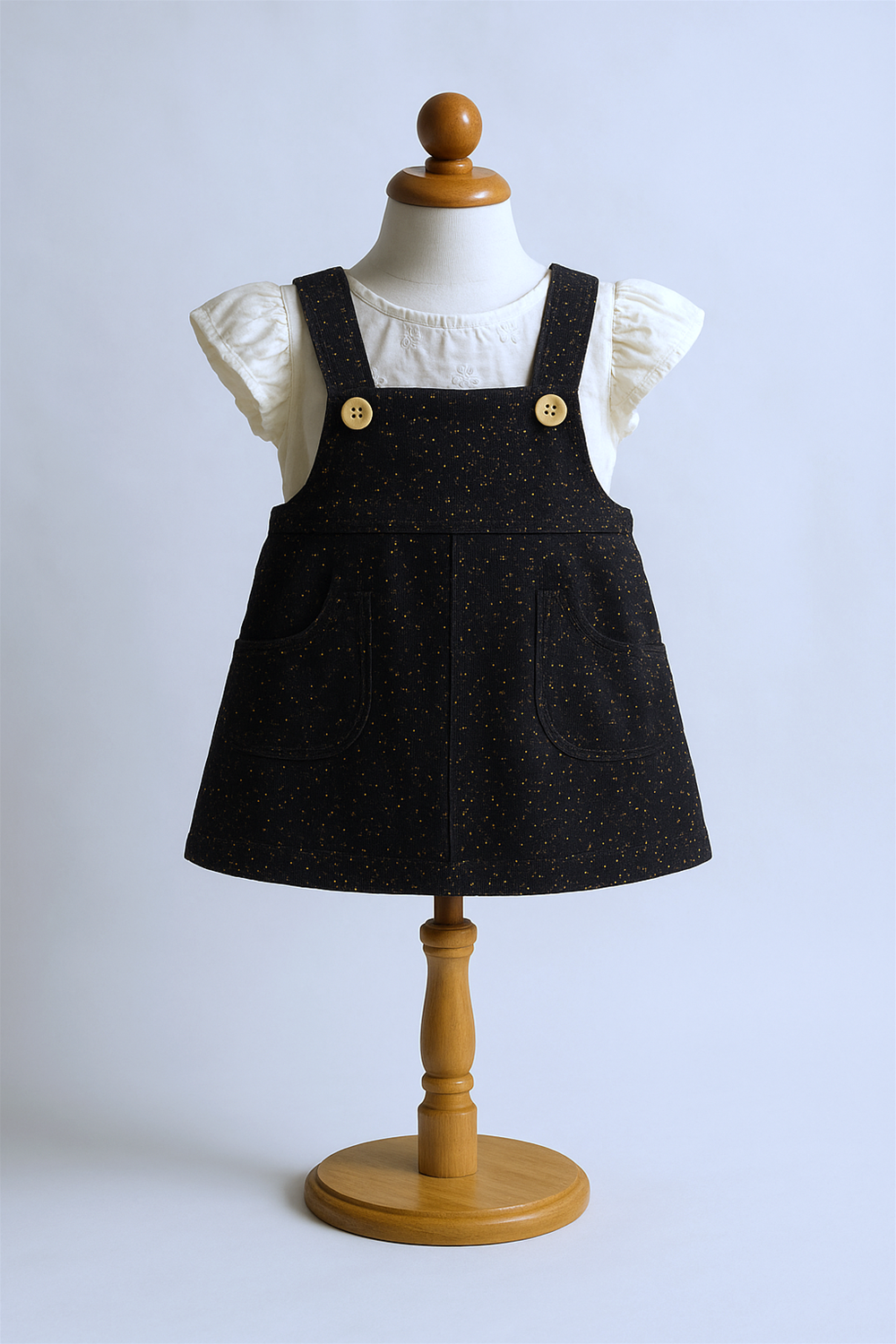 A black sparkling pinafore dress in foam mannequin.