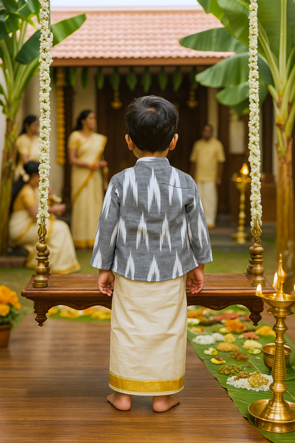 Little boy in grey ikkat kurta and cream dhoti, standing back towards Onam festive backdrop with pookalam.