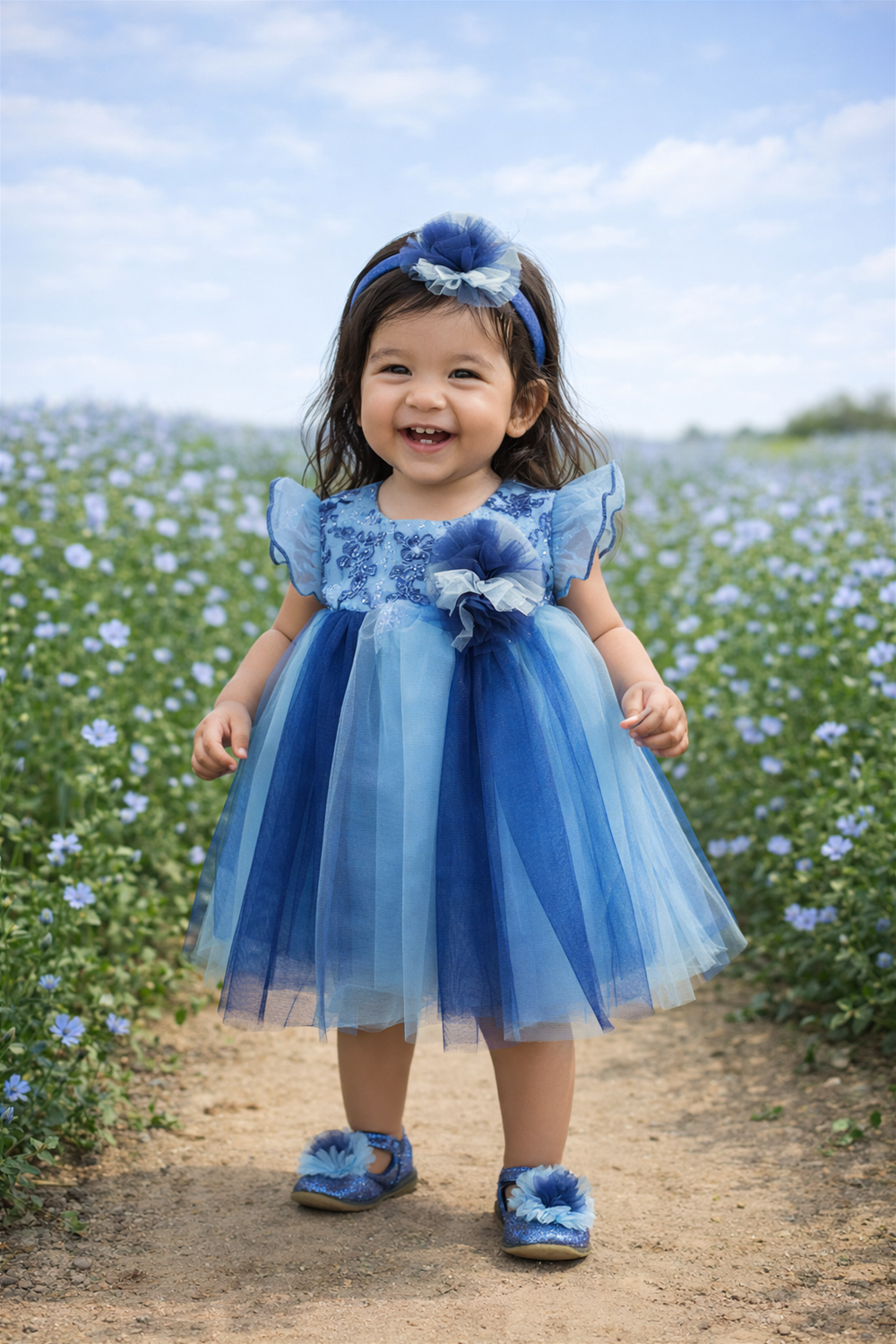 A baby girl wearing a pink dress with a multi-color net skirt and an alter neck, featuring shades of Light blue and Peacock blue
