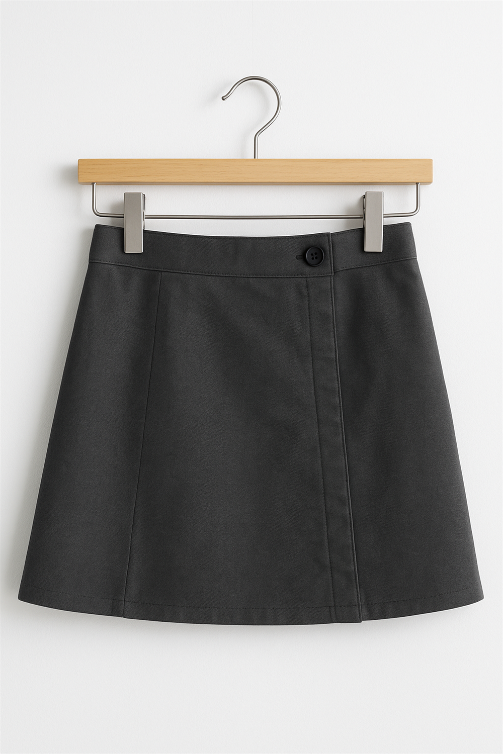 Dark Grey cotton skirt on wooden hanger, displayed against white background, featuring button closure and tailored pleats for stylish appearance.