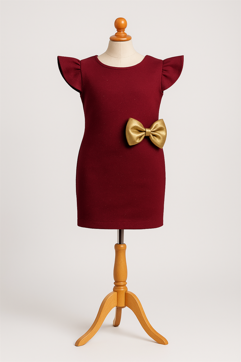 A maroon dress adorned with a gold bow in a foam mannequin.