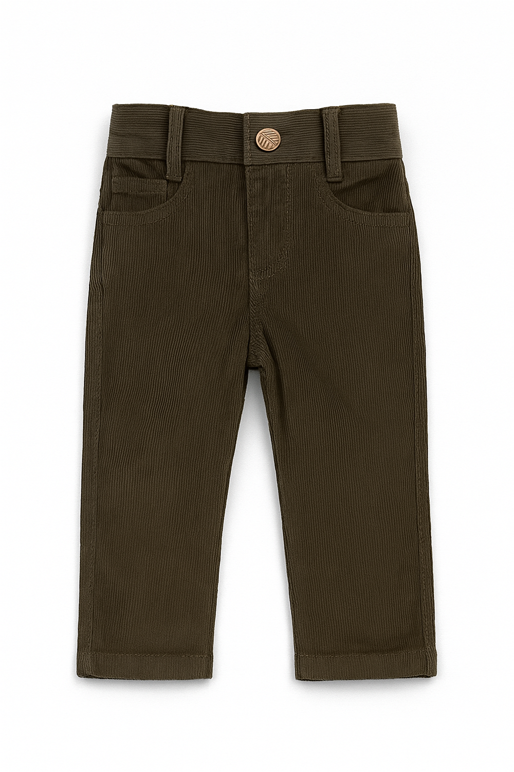 A pair of dark brown corduroy toddler pants displayed on a wooden hanger against a light cream background. The pants feature front scoop pockets, a coin pocket, a center button closure with a copper-tone button, and belt loops. The fine ribbed corduroy fabric adds texture, and the pants are neatly structured with a straight-leg cut, ideal for casual or semi-dressy toddler wear.