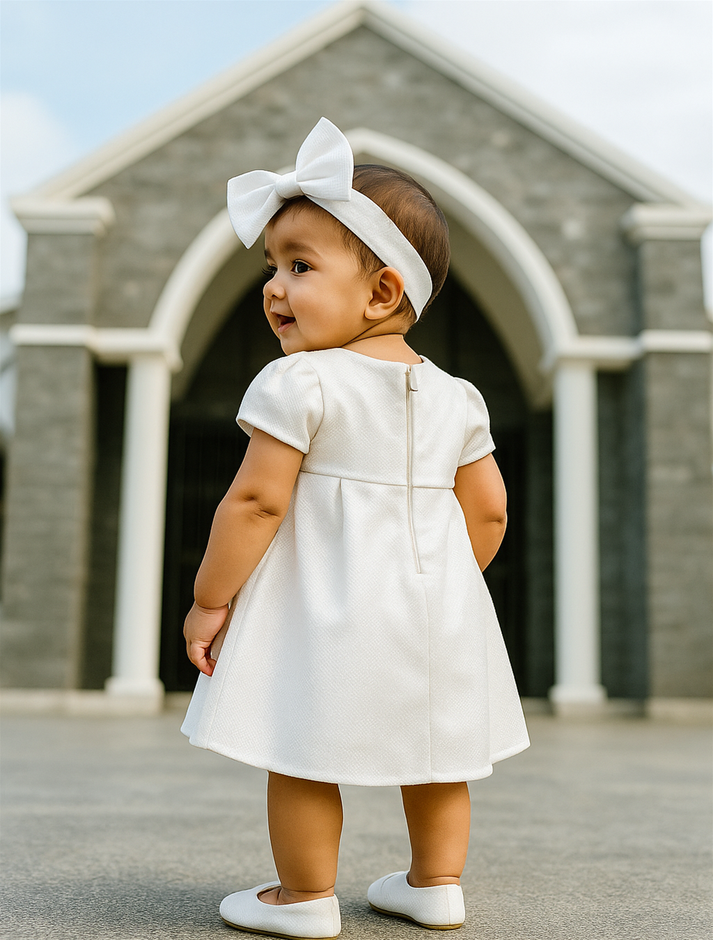 A baby in a delicate white dress and a white bow, looking joyful while seated on a plush background.