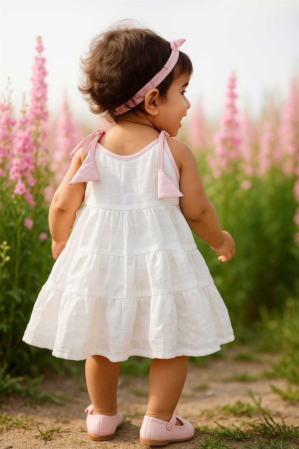 Baby girl in white dress with pink bows and matching headband, photographed from behind while walking in blooming garden.