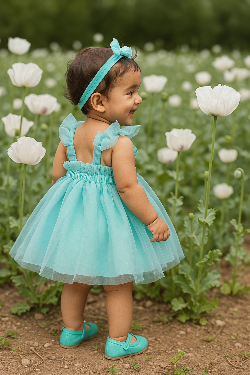Back view of a baby girl in a blue net frock with ruffle straps, paired with matching headband and shoes. She is standing in a field of white flowers, smiling joyfully.
