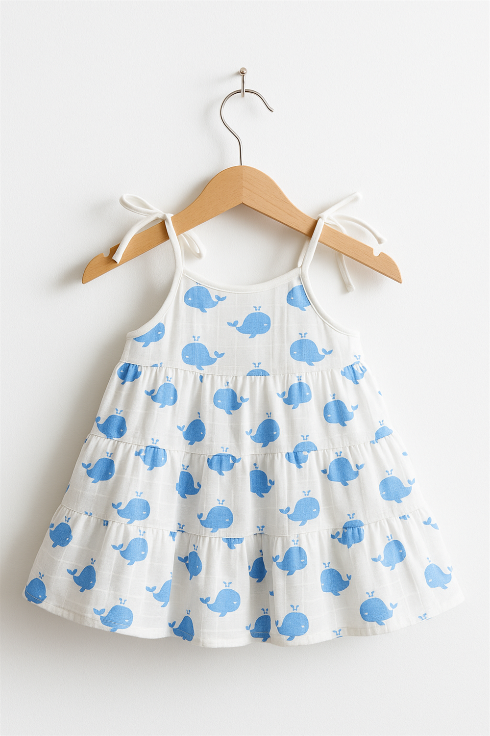 A sleeveless baby dress featuring a playful blue whale print is neatly displayed on a wooden hanger. The dress includes tied shoulder straps and tiered layers, perfect for a breezy, nautical-themed outfit.