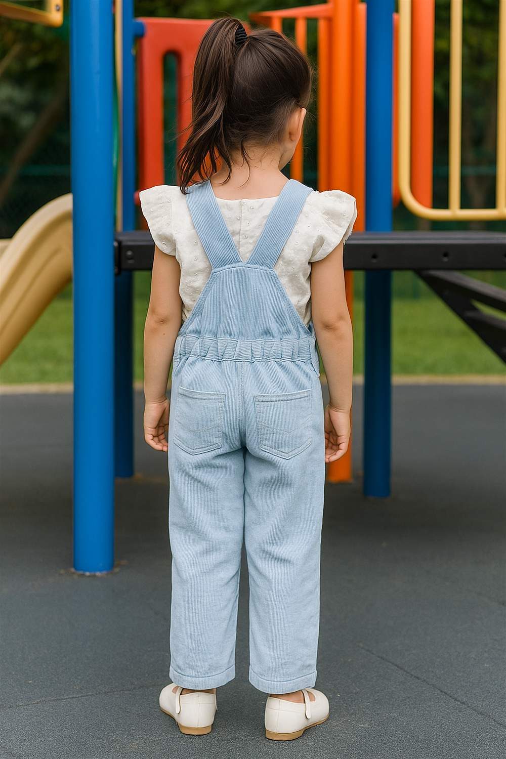 A young girl stands with her back to the camera at a playground, wearing light blue corduroy overalls over a white ruffled-sleeve top. Her hair is tied in a high ponytail, and she is wearing white shoes while facing colorful playground equipment.