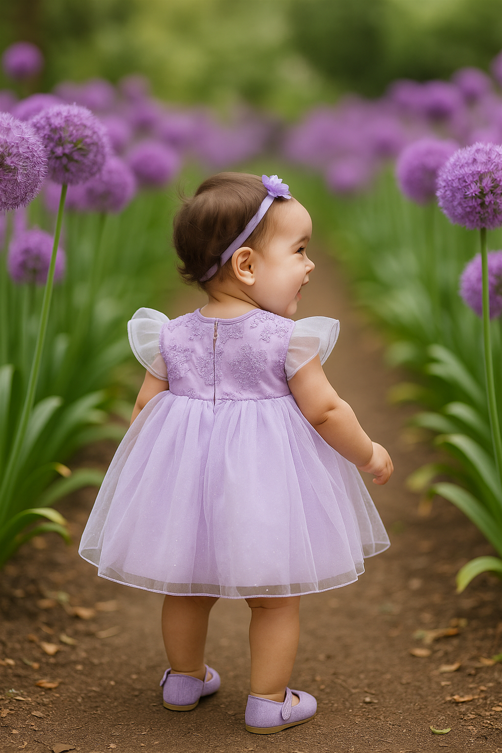 Baby girl in lavender frock with back zipper and flutter sleeves, walking through vibrant purple flower garden, natural sunlight.