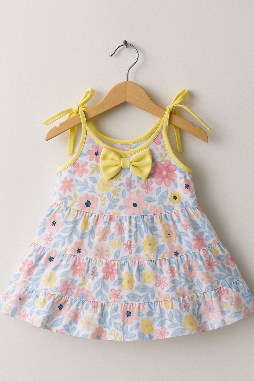 A charming sleeveless baby dress in pastel floral print is displayed on a wooden hanger against a white background. The dress features yellow bow tie straps and a central yellow bow accent, creating a cheerful and delicate look.