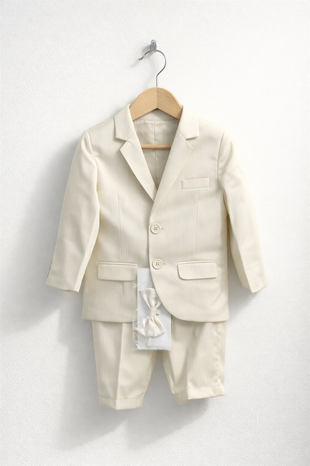 toddler boy suit displayed on wooden hanger, featuring blazer, trousers, and matching bow tie against clean white background.