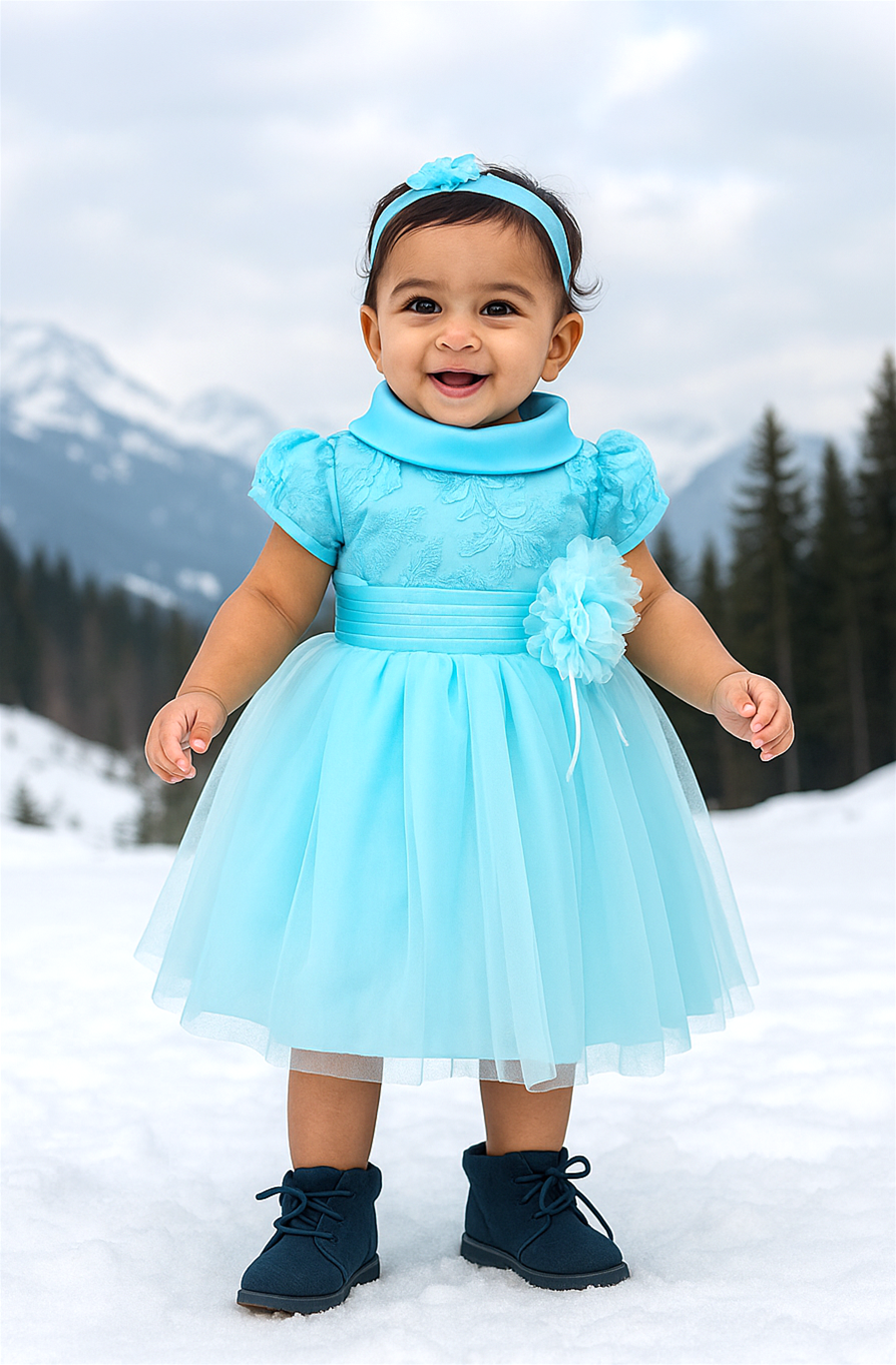 Smiling baby girl in sky blue embroidered dress with flower detail, standing on snow with mountains and trees behind.