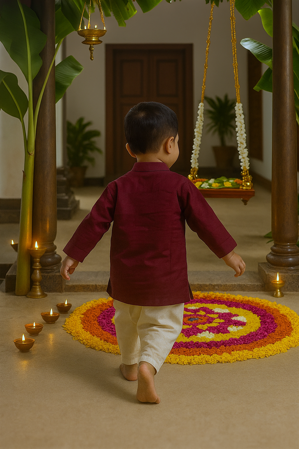 A young boy dressed in a maroon kurta and cream dhoti walks barefoot toward a vibrant floral rangoli. The festive setting features traditional brass lamps, banana leaves, and a flower-adorned swing in the background.