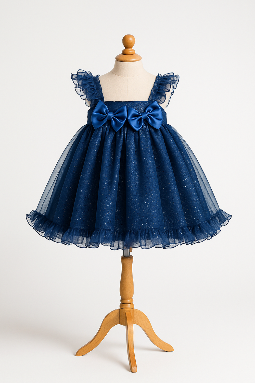A baby girl wearing a blue glitter net dress in a mannequin. 