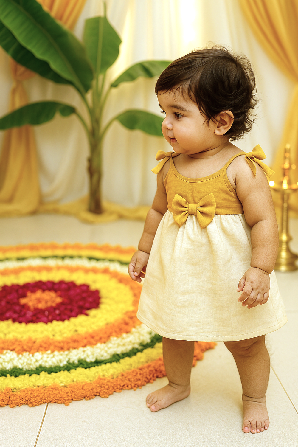A baby girl wearing a traditional Onam dress with a mustard yellow bodice, bow detail, and cream skirt smiles joyfully. She stands beside a colorful floral pookalam, surrounded by festive decorations of banana leaves and lamps.