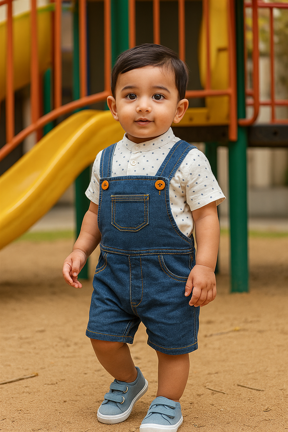 A young boy wearing blue Demin dungaree stands on a playground, surrounded by swings and slides, looking cheerful.