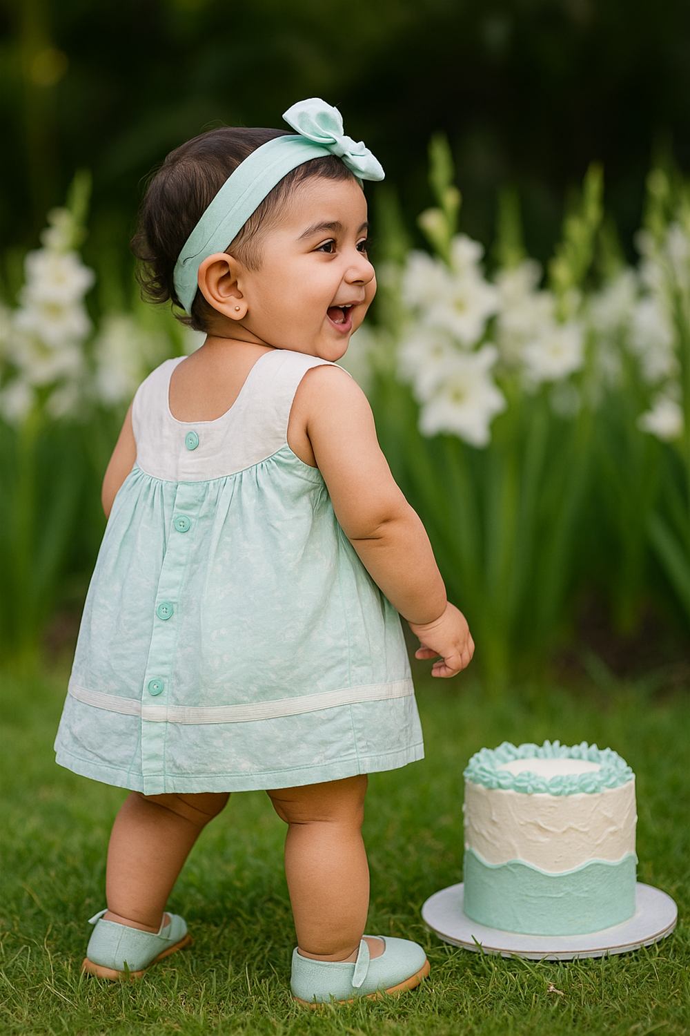Back view of a smiling baby girl wearing a mint-green birthday frock, matching headband and shoes, standing beside decorated cake.