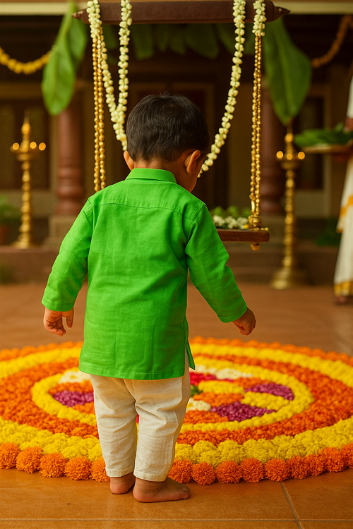 A young boy in a green kurta and cream pants stands barefoot, gazing at a vibrant floral rangoli during Onam celebrations. The scene is adorned with hanging garlands, traditional lamps, and festive decor.