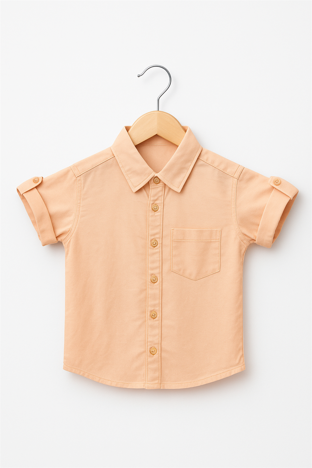 Shirt with a button-down front, normal collar, half sleeves, and a small pocket.