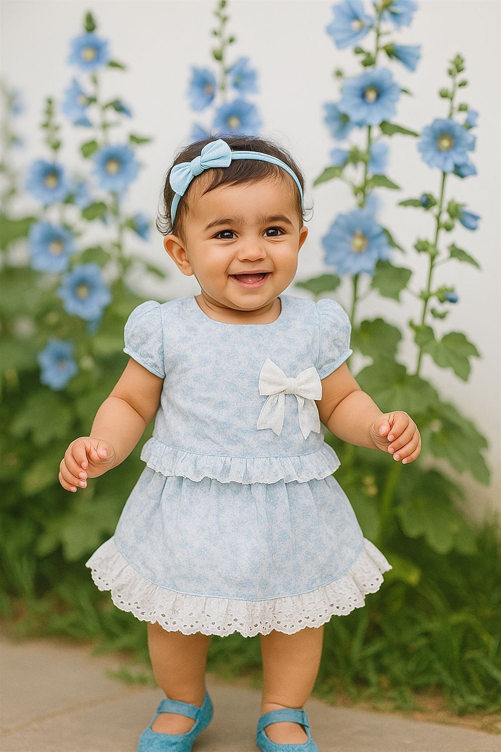 A baby girl in a blue Co-ord Set Midi and blue shoes, sitting happily with a bright smile on her face.