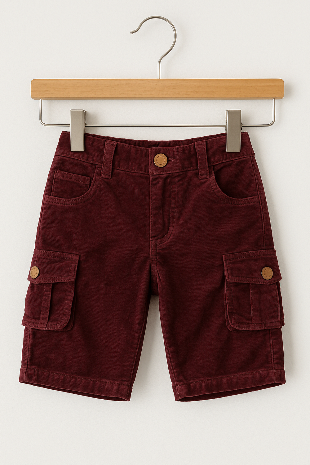 Bright Maroon Corduroy with box side pockets and buttons., Ideal for casual wear. In wooden hanger front view.