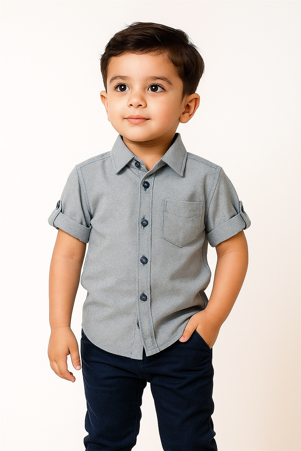 A young boy wearing a blue half-sleeve shirt with a normal collar