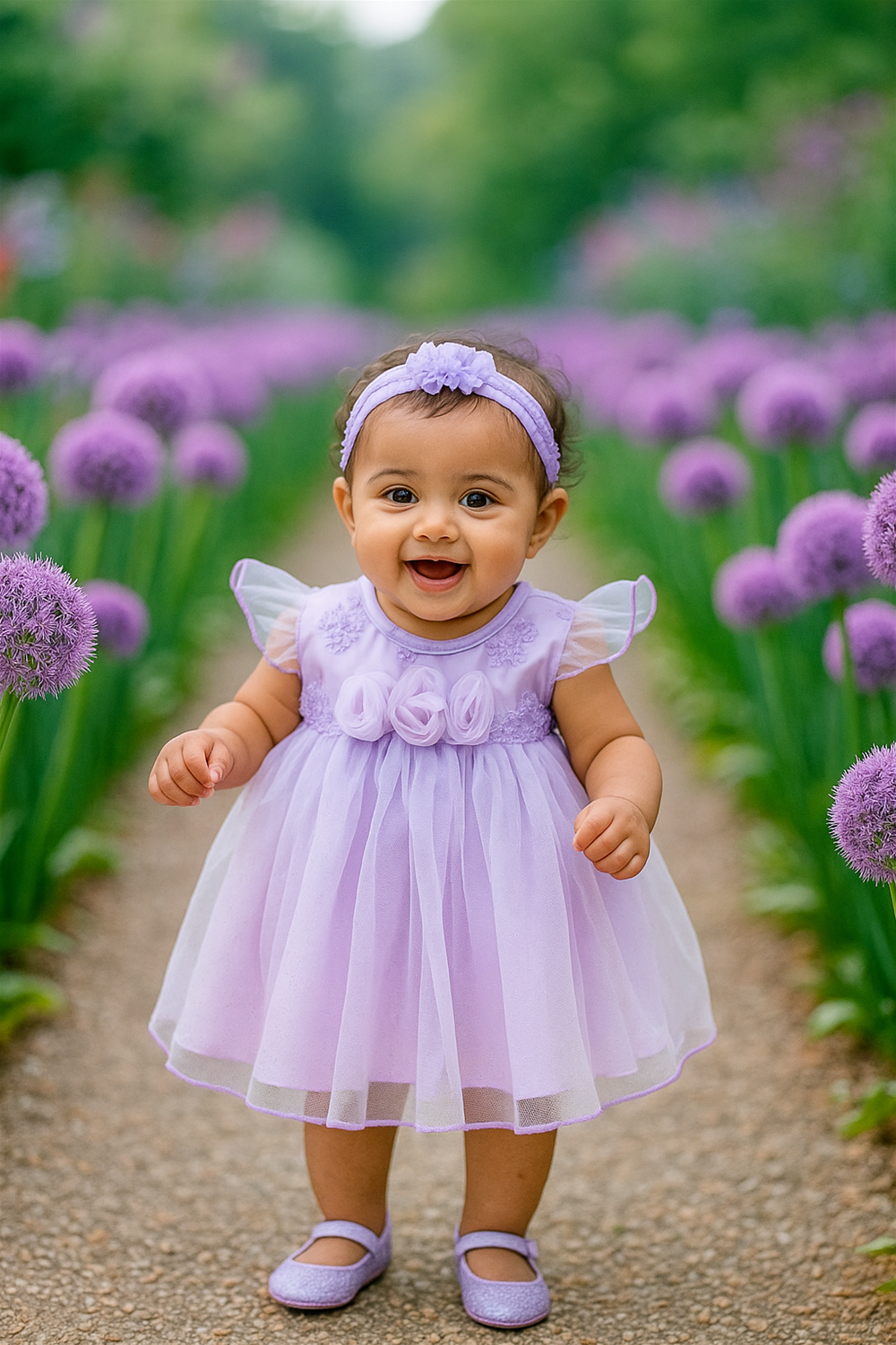 Smiling baby girl in lavender tulle dress with floral embroidery and bow, standing on garden path lined with lavender flowers.