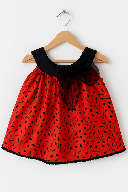 Elegant red and black dress adorned with a black bow, showcasing a chic design.