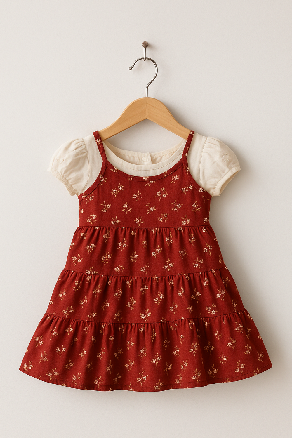 A delightful red floral tiered frock with puff sleeves is neatly displayed on a wooden hanger, highlighting its charming design and craftsmanship.