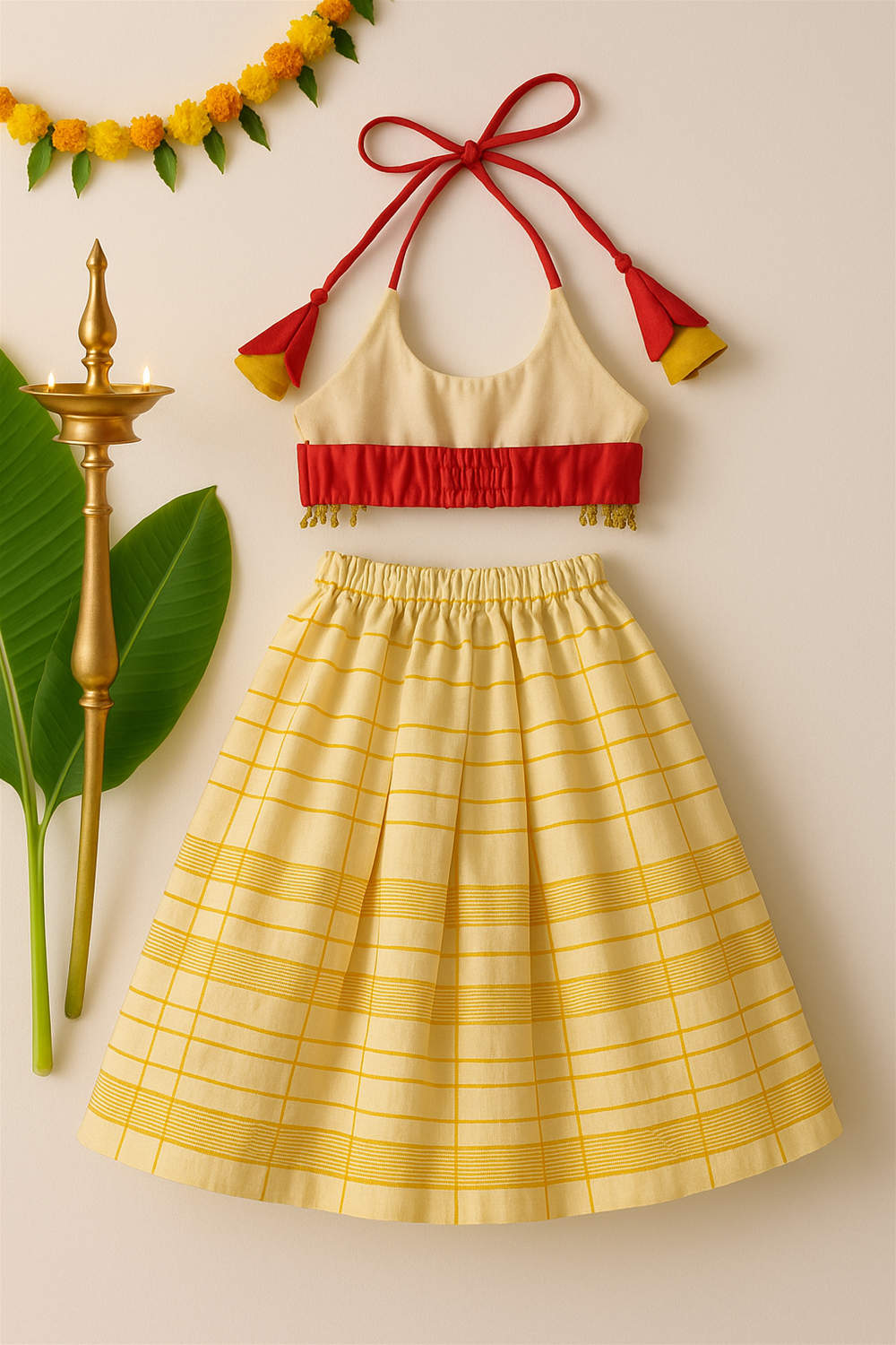 Traditional baby outfit flat lay display featuring cream-red halter blouse with tassels and yellow checked skirt, decorated with flowers and lamp.