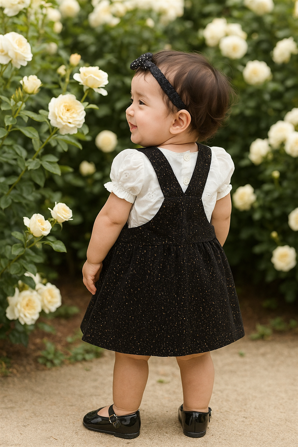  A baby girl in a black sparkling pinafore dress stands among blooming white roses field.
