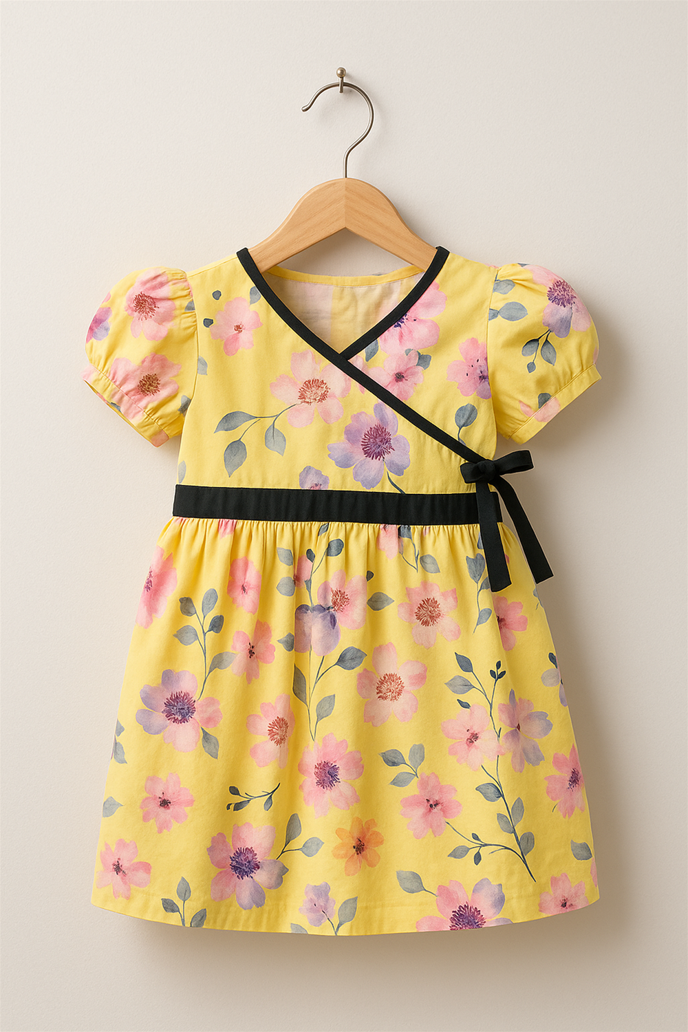 A bright yellow dress for a baby girl, decorated with vibrant flowers, ideal for warm weather and festive events.