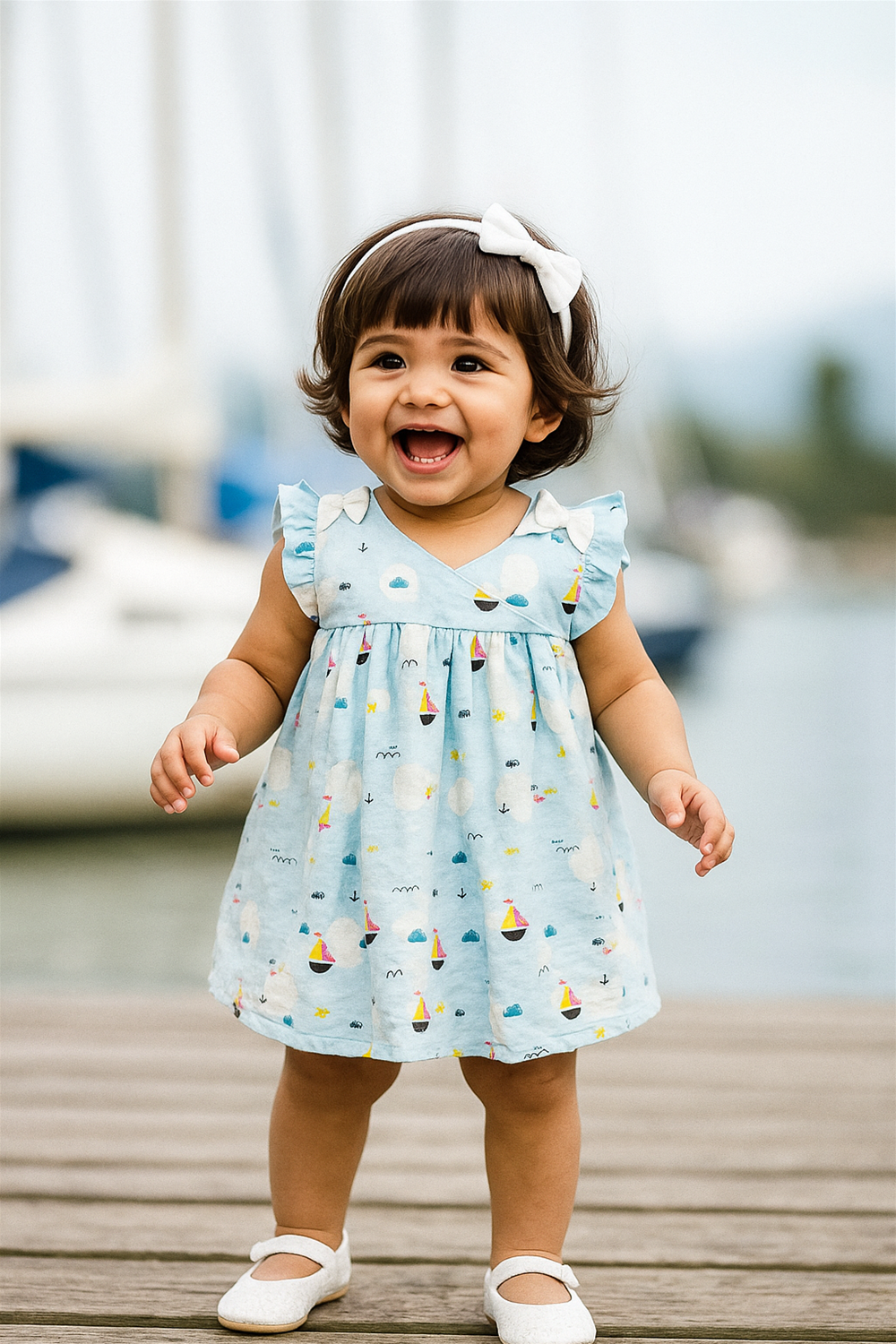 Baby girl smiling in blue dress outdoors – Cheerful toddler in nautical printed blue dress with white headband and bow, standing happily near boats and dock.