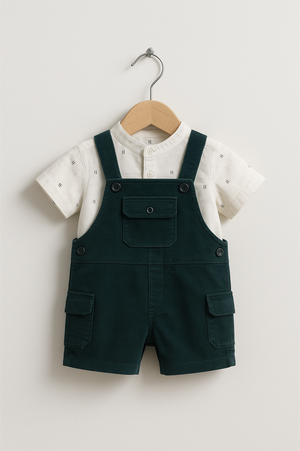 Front view of toddler green dungaree with white printed shirt on wooden hanger, featuring chest pocket and button straps.