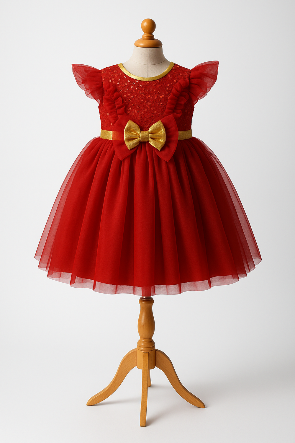 Red and gold baby frock with sequin bodice, layered tulle skirt, flutter sleeves, and satin bow on mannequin.