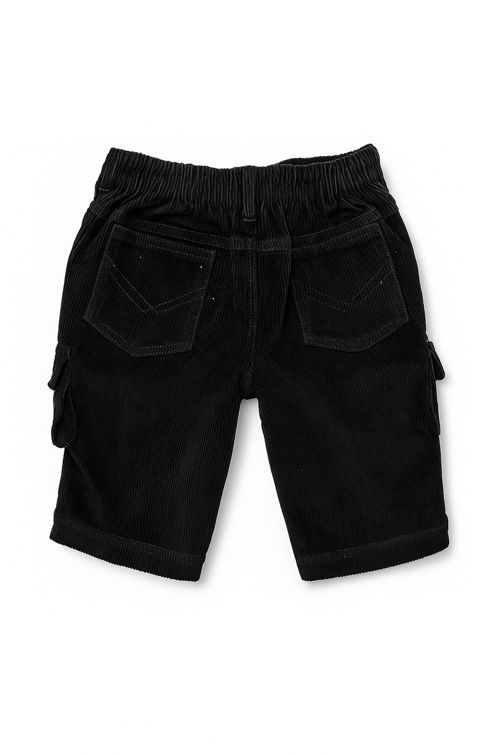 Black half pants with box side pockets and buttons. Ideal for casual wear.