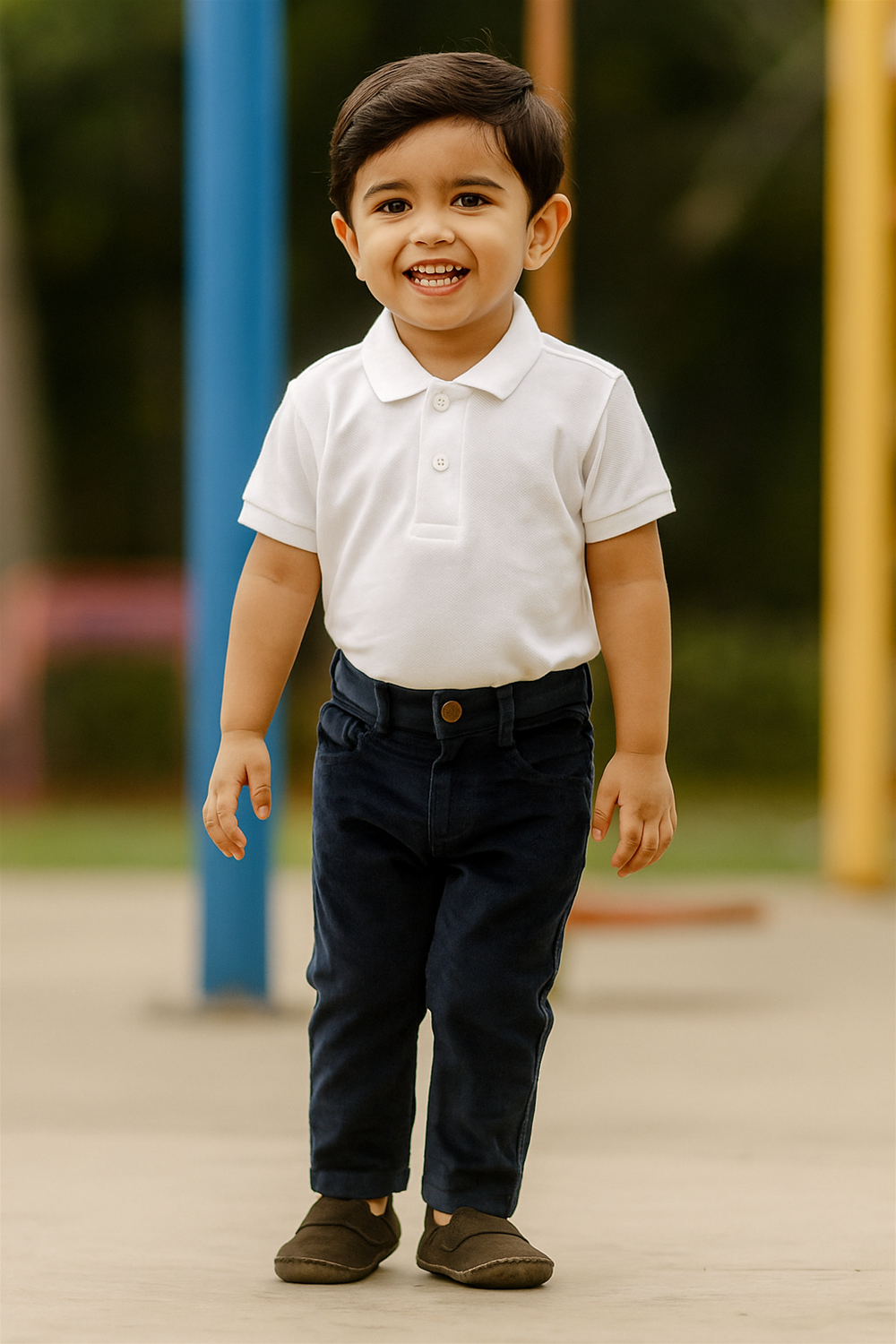 A cheerful young boy walking outdoors in a playground, wearing a white polo shirt tucked into navy blue corduroy pants and paired with dark brown slip-on shoes. The child is smiling brightly, with neatly combed hair, and the colorful playground equipment in the blurred background adds a playful ambiance to the scene.
