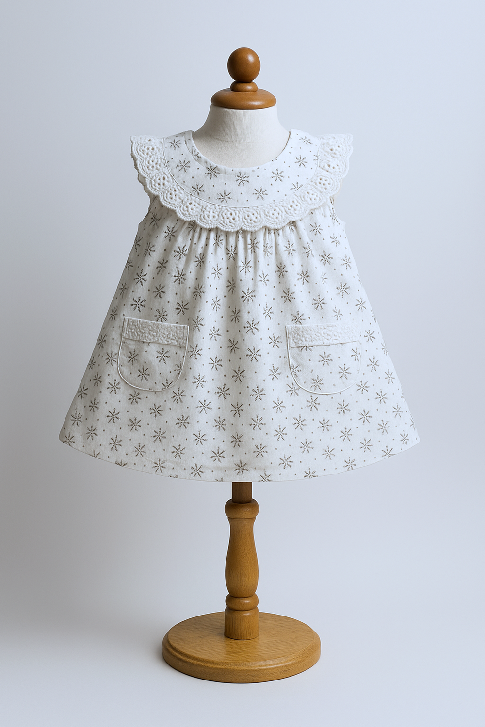 White sleeveless baby dress with lace collar and star embroidery, styled on wooden mannequin stand against plain soft background.